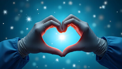 Fototapeta premium Medical Professional's Gloved Hands Forming Perfect Heart Shape Against Blue Gradient Background with Floating Particles of Light