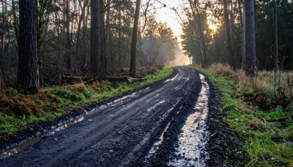 Obraz premium Serene Forest Pathway with Muddy Ground and Soft Morning Light