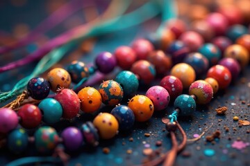 Colorful beads strung on vibrant threads, intricate patterns , ethnic, shiny, background