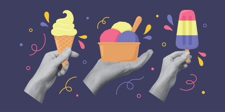 Set of collage designs with hands holding ice creams on dark blue background. Summertime, vacations concept.