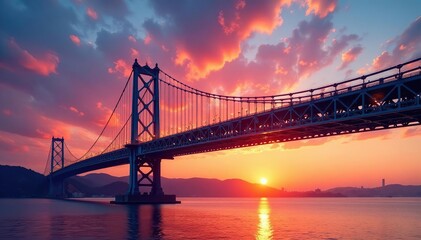 Fototapeta premium Majestic bridge tower against a vibrant sunset sky Steel structure, architectural detail, urban landscape , architecture, pillar