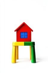 Toy House on Colorful Table Still Life Studio Shot Minimalist Playful Concept Bright Colors Childhood Dream Home