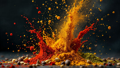 Close-up of vibrant kitchen spices in motion, dynamic swirl of ground spices in the air &ndash; red chili, golden turmeric, green cardamom, and black pepper, set against a dark moody background