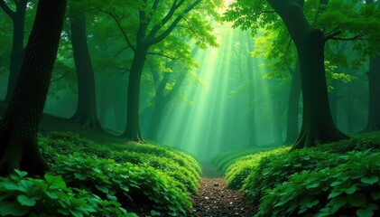 Naklejka premium Deep emerald green forest scene, dense canopy , green, branches, woods