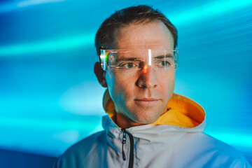 Man wearing glowing futuristic glasses looking away standing in front of illuminated blue background