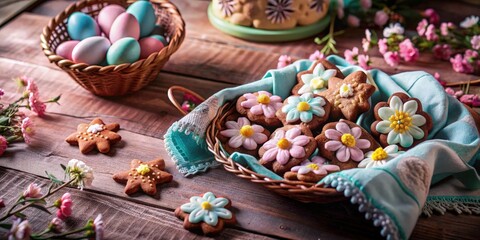 A basket filled with delicate floral-shaped cookies decorated with pastel icing, nestled amidst a rustic wooden table setting and surrounded by a bouquet of vibrant pink blossoms.