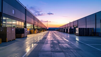 Modern Warehouse at Dusk with Reflections on Paved Surface