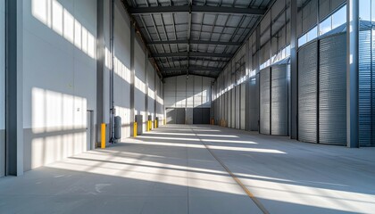 Obraz premium Empty Warehouse Interior with Sunlight Shadows and Industrial Design