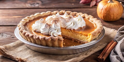 A slice missing from a pumpkin pie topped with whipped cream and a sprinkle of cinnamon, sitting on a rustic wooden table next to cinnamon sticks