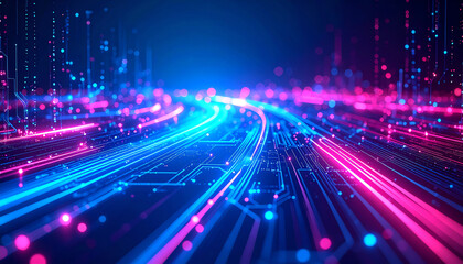 Vibrant lines of neon blue and pink light create a dynamic digital landscape, suggesting movement and connectivity in a high-tech environment