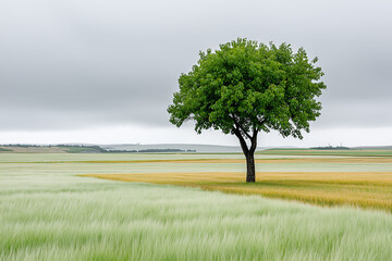 Lone Tree in a Green Field Under Cloudy Sky