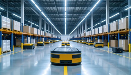 Fototapeta premium Modern Warehouse with Automated Robots and Shelving Units