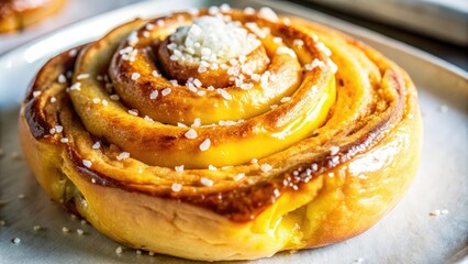 Fototapeta premium A golden, flaky pastry with a sweet, custard filling, topped with a generous sprinkle of sugar crystals.