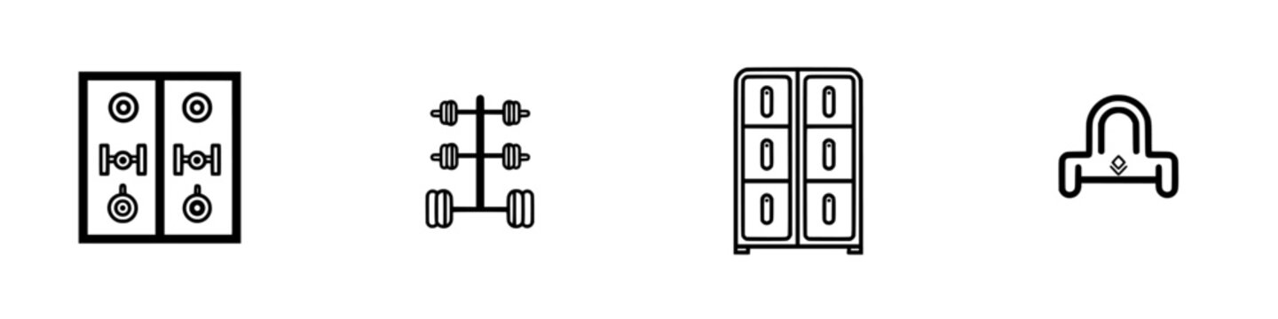 Vector illustration of gym equipment icons depicting a weight rack, dumbbells, gym lockers, and a barbell for fitness enthusiasts