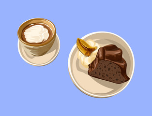 Vector illustration of a cozy dessert set featuring a slice of rich chocolate cake with banana and whipped cream, paired with a cup of hot coffee topped with cream