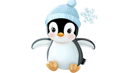 Fototapeta premium A cartoon penguin wearing a blue hat and a white snowflake on its head