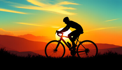 Fototapeta premium The cyclist speeds along the winding path, bathed in golden sunset light, with a breathtaking, fiery sky stretching behind him., flat papercut style. with white shades
