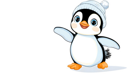 Fototapeta premium A cartoon penguin wearing a hat and standing on a white background
