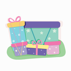 Five colored gift boxes on white background. Lots of presents. Poster, Banner, Flyer, Template. Vector illustration in flat cartoon style