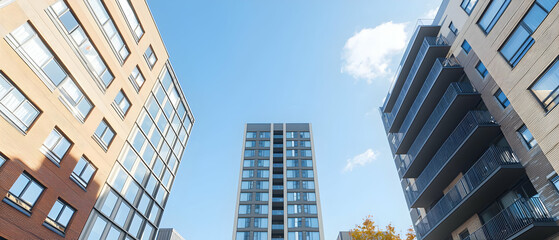 Obraz premium Modern Multistory Buildings Against Clear Blue Sky