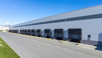 Modern Warehouse Facility with Loading Docks and Clear Blue Sky