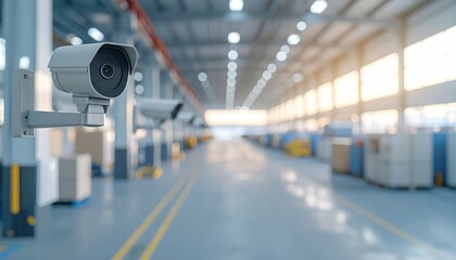 Security Camera Installation in Modern Warehouse with Bright Lighting