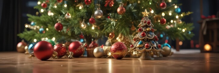 Fototapeta premium Ornate Christmas tree, vibrant baubles, soft bokeh lights , celebration, sparkle, holiday