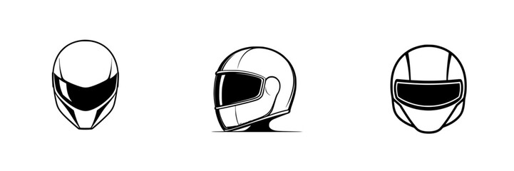 Unique vector illustration of three distinct motorcycle helmets in a minimalist design showcasing various shapes and features