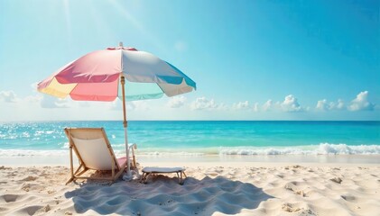 Portable tent beach umbrella provides shade and sun protection on sandy beach , sunshine, blue
