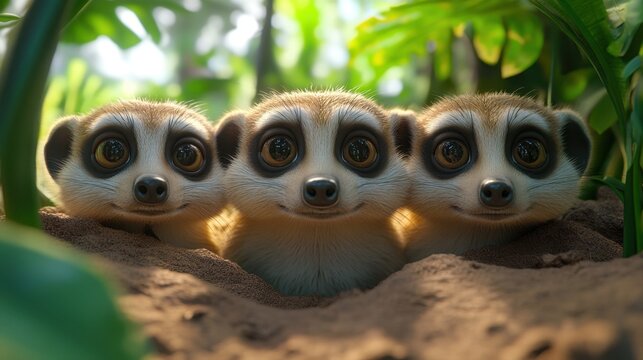 Three Cute Meerkats Observing Their Surroundings with Big Eyes in a Lush Green Jungle Setting
