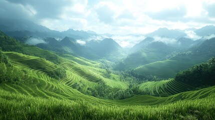 Fototapeta premium Lush Green Terraced Rice Fields Nestled Among Mountains Under Cloudy Sky in Scenic Nature Landscape