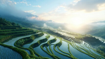 Serene Landscape of Terraced Rice Fields with Morning Mist and Soft Sunlight Amidst Lush Green Mountains