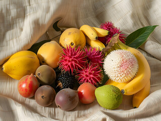 Colorful assortment of exotic fruits on neutral fabric background