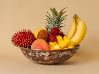 Tropical fruit bowl with pineapple, rambutan, bananas, and mango