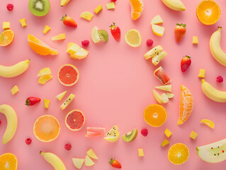 Scattered fruit slices and whole fruits on pink background