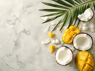 Halved coconuts and diced mango on marble surface with palm leaf