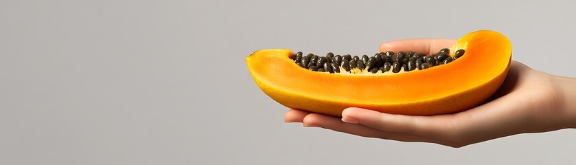 Ripe papaya slice, vibrant orange flesh, dark seeds, held gently in a hand