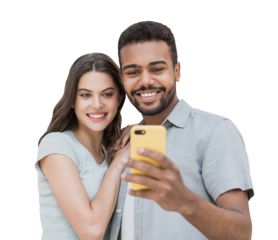 Beautiful happy young couple using smartphone isolated transparent PNG, Joyful smiling woman and man looking at mobile phone. Love, travel, tourism, students lifestyle concept