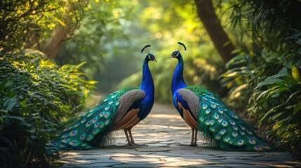 Obraz premium Two Majestic Peacocks Strolling Together Along a Serene Garden Path Surrounded by Lush Greenery and Soft Light
