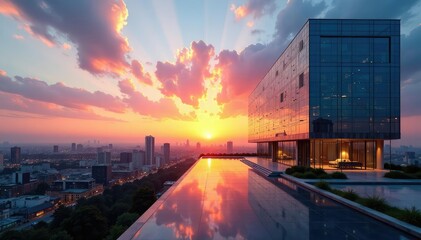 Sleek modern glass building reflecting cityscape at sunset ,  commercial,  evening