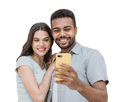 Beautiful happy young couple using smartphone isolated transparent PNG, Joyful smiling woman and man looking at mobile phone. Love, travel, tourism, students lifestyle concept
