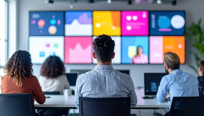 Group watches multi-screen display showcasing charts and data during a presentation in a well-lit room