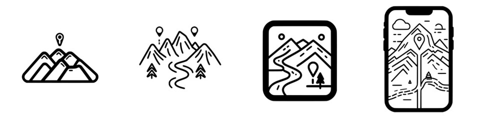 Vector illustration icons depicting mountains, hiking paths, and mobile navigation symbols for outdoor adventures