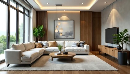Fototapeta premium Stylish living room with modern furniture and decor, showcasing elegant interior design , airy, modern
