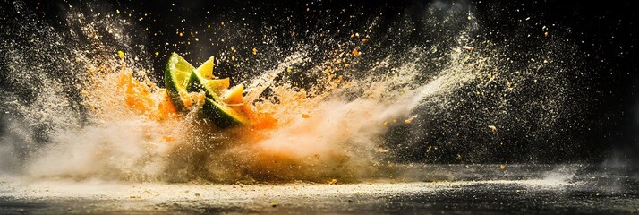 Citrus fruit explodes into vibrant dust cloud, showcasing juicy segments and textured pulp against dark background
