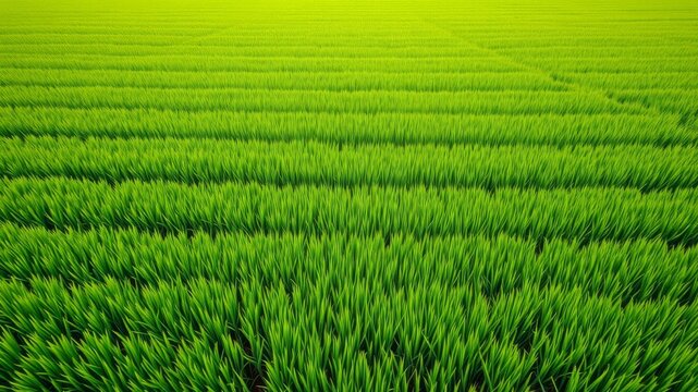 Lush green rice paddy field stretches out under a bright sunny sky showcasing vibrant growth and agriculture.