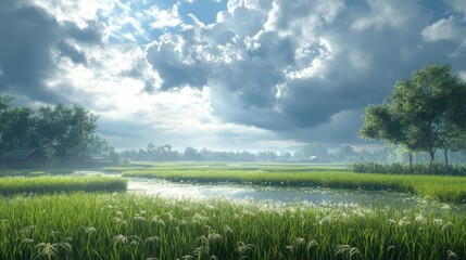 Serene Landscape of Lush Green Rice Fields Under Dramatic Clouds and Bright Sky