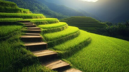 Serene Rice Terraces with Pathway Leading Through Lush Green Fields at Golden Hour in Mountain Landscape