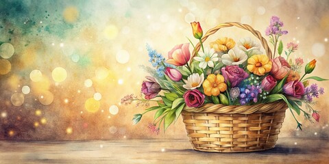 Obraz premium Hand-Drawn Flower Basket on Antique Paper: Bokeh Background Stock Photo