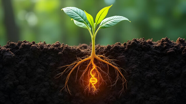 Plant Root System with Roots Forming DNA Helix Patterns and Glowing Nodules Containing Engineered Microbiome Communities for Enhanced Nutrient Uptake - Powered by Adobe